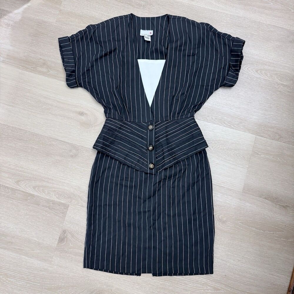 Vtg Scarlett 80s Pinstripe Skirt Suit Set Gold Button Peplum Office Siren S 4 6